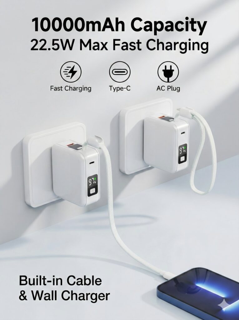 mackertop 3 in 1 travel power bank 10000mah | built in ac plug & cable charger